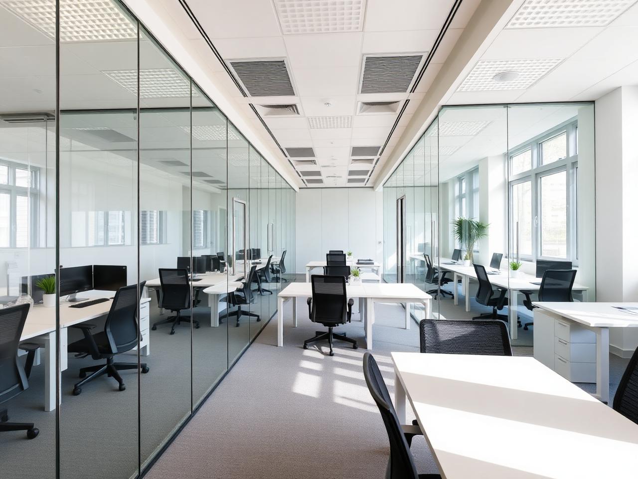 Bright modern coworking office with glass walls and clean desks