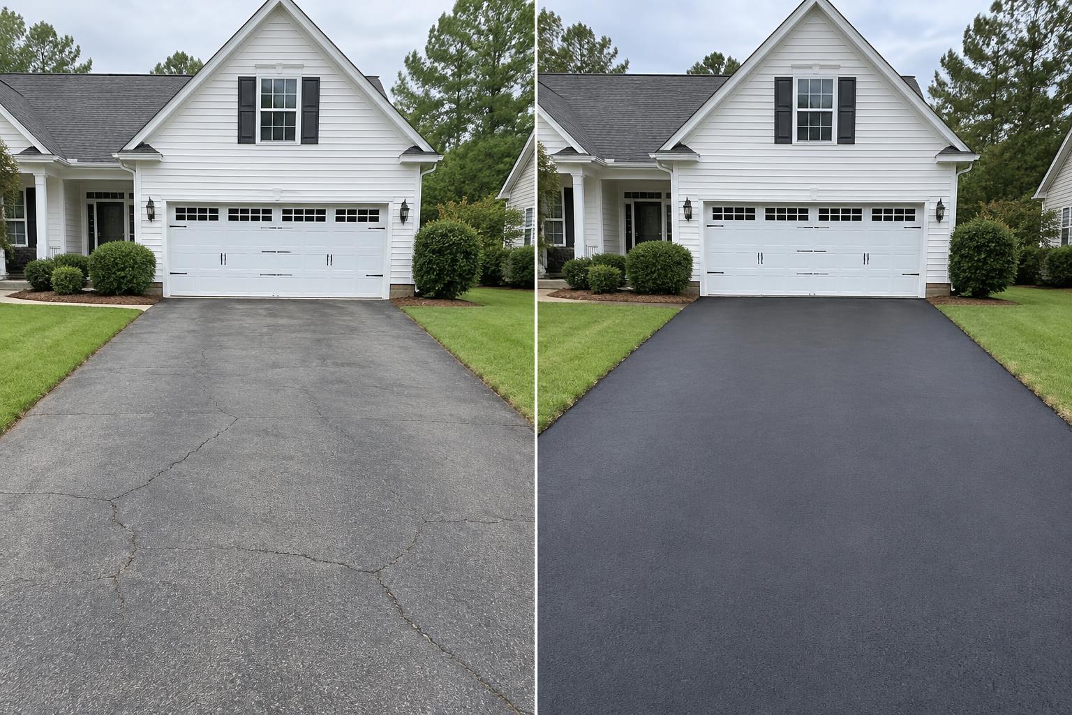 Illustrative asphalt driveway comparison showing a faded, cracked surface and a fresh sealcoated finish