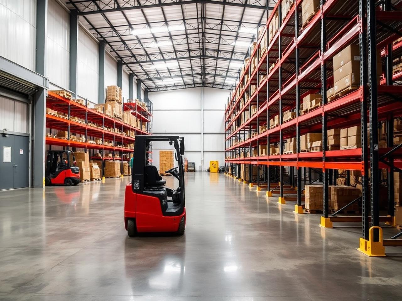 Clean industrial warehouse with polished concrete floor and racking